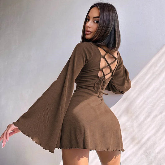 Mini Short Party Dress for Women Sexy Nightclub Flare Sleeves O Neck Back Bandage Eye Catching Autumn Fashion