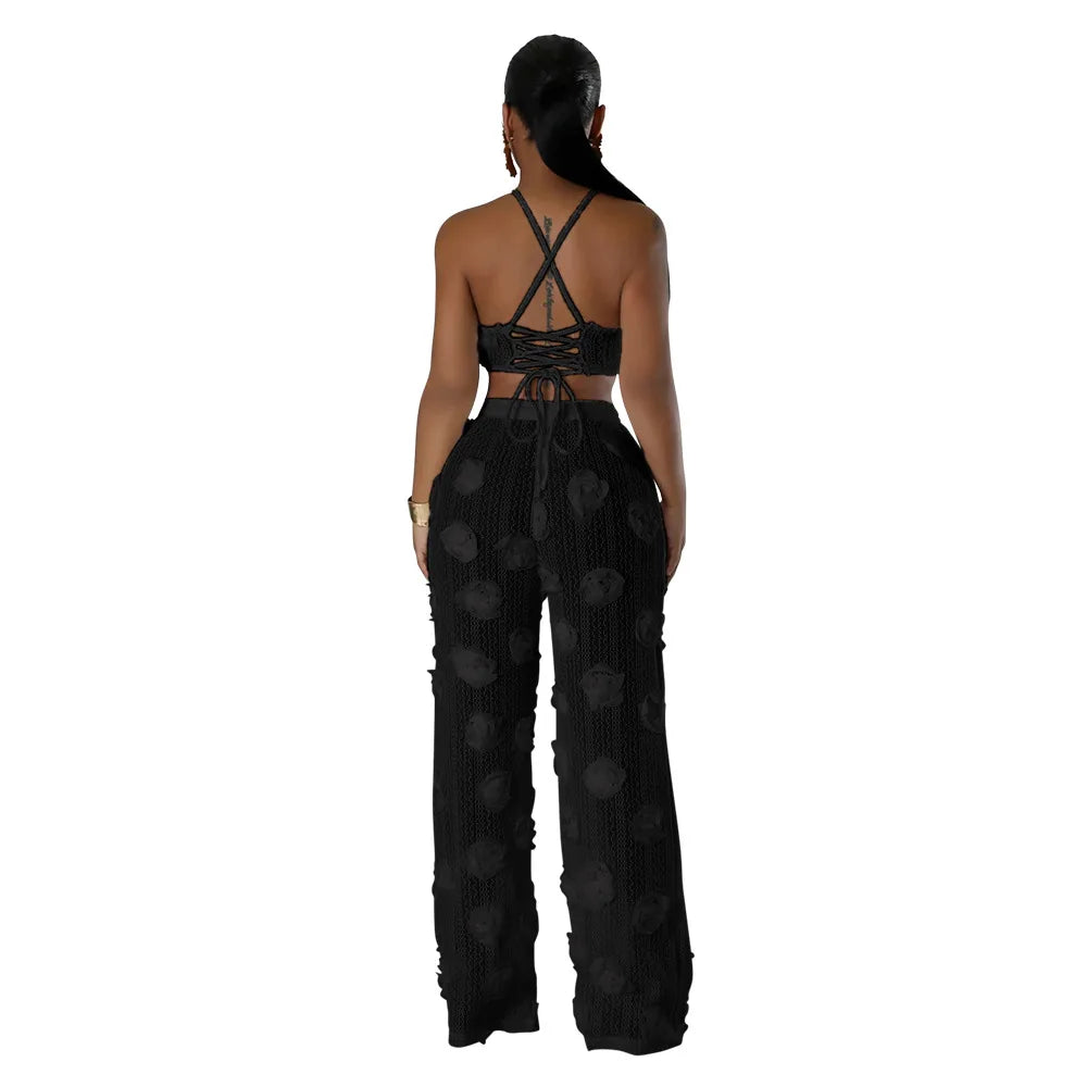 Sexy Crop Mesh Tops Two Piece Pant Set Outfits Matching Sets 2024 Women Y2K Streetwear Elegant Flower 2 Piece Summer Set