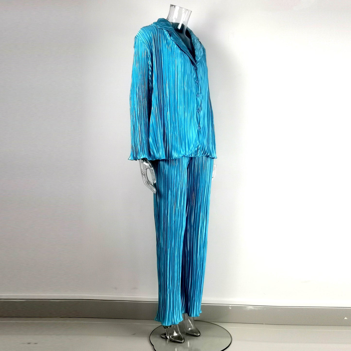 Women Pleated 2 Piece Pants Sets Spring Summer Streetwear Long Sleeve Button Down Shirt+Straight-Leg Pants Loose Outfits