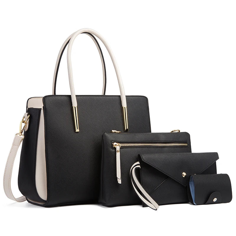 Black and white luxury handbag set with matching purse, clutch, and card holder, concierge tiers