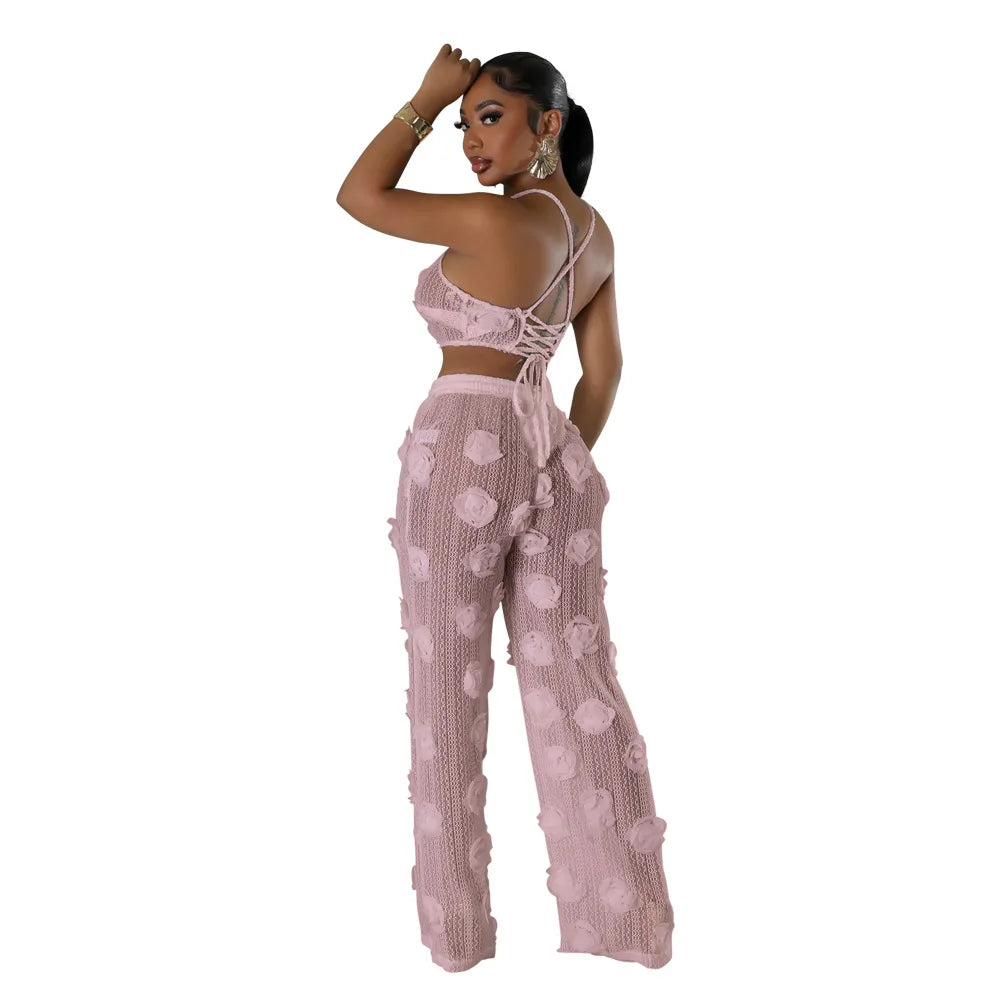 Sexy Crop Mesh Tops Two Piece Pant Set Outfits Matching Sets 2024 Women Y2K Streetwear Elegant Flower 2 Piece Summer Set
