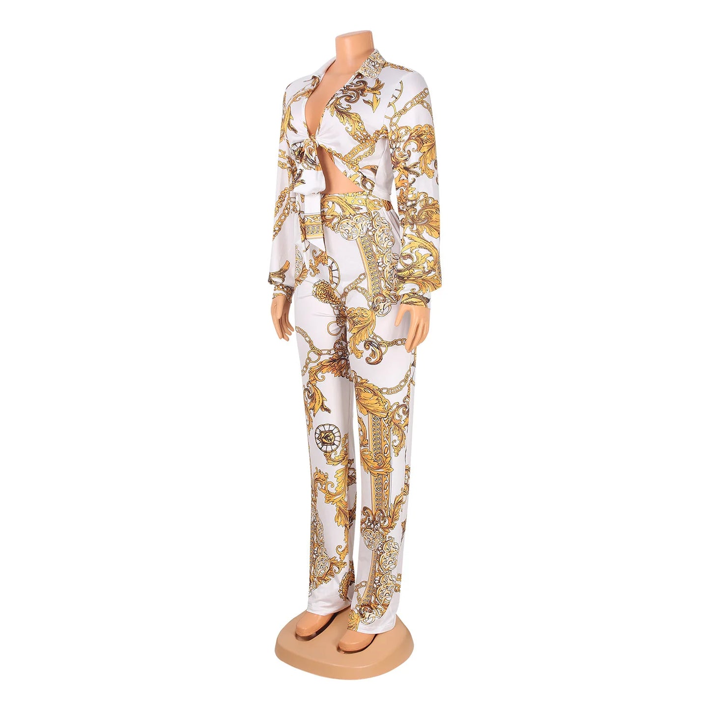 CM.YAYA Women's Paisley Chain 2 Piece Set Streetwear Outfits Tie up Shirt & Wide Leg Pants Luxury Junior Fit Autumn/Winter