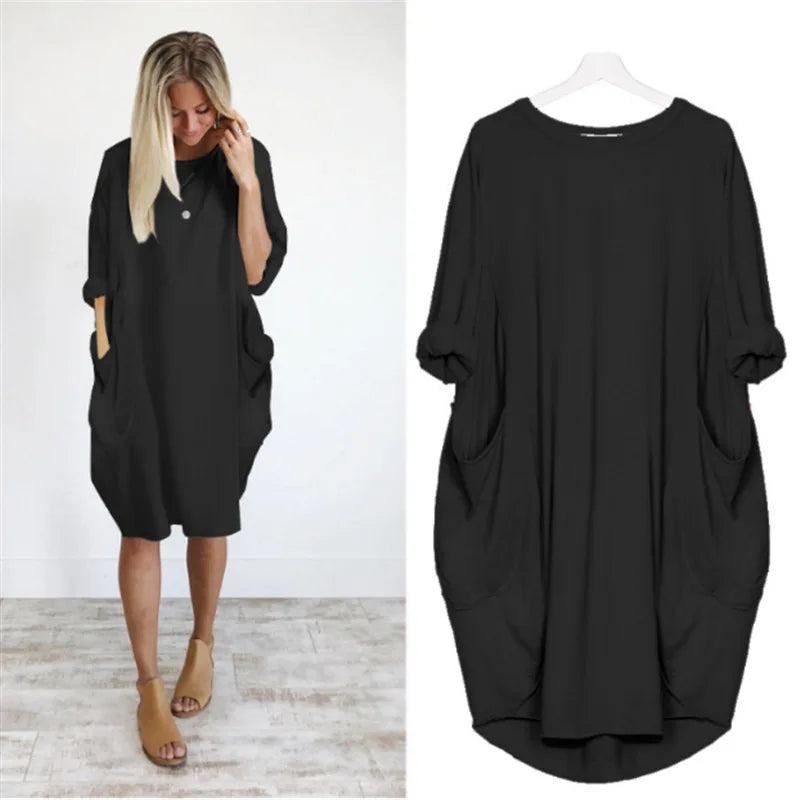 Black oversized lounge dress with pockets, soft comfort wear for cozy days at home