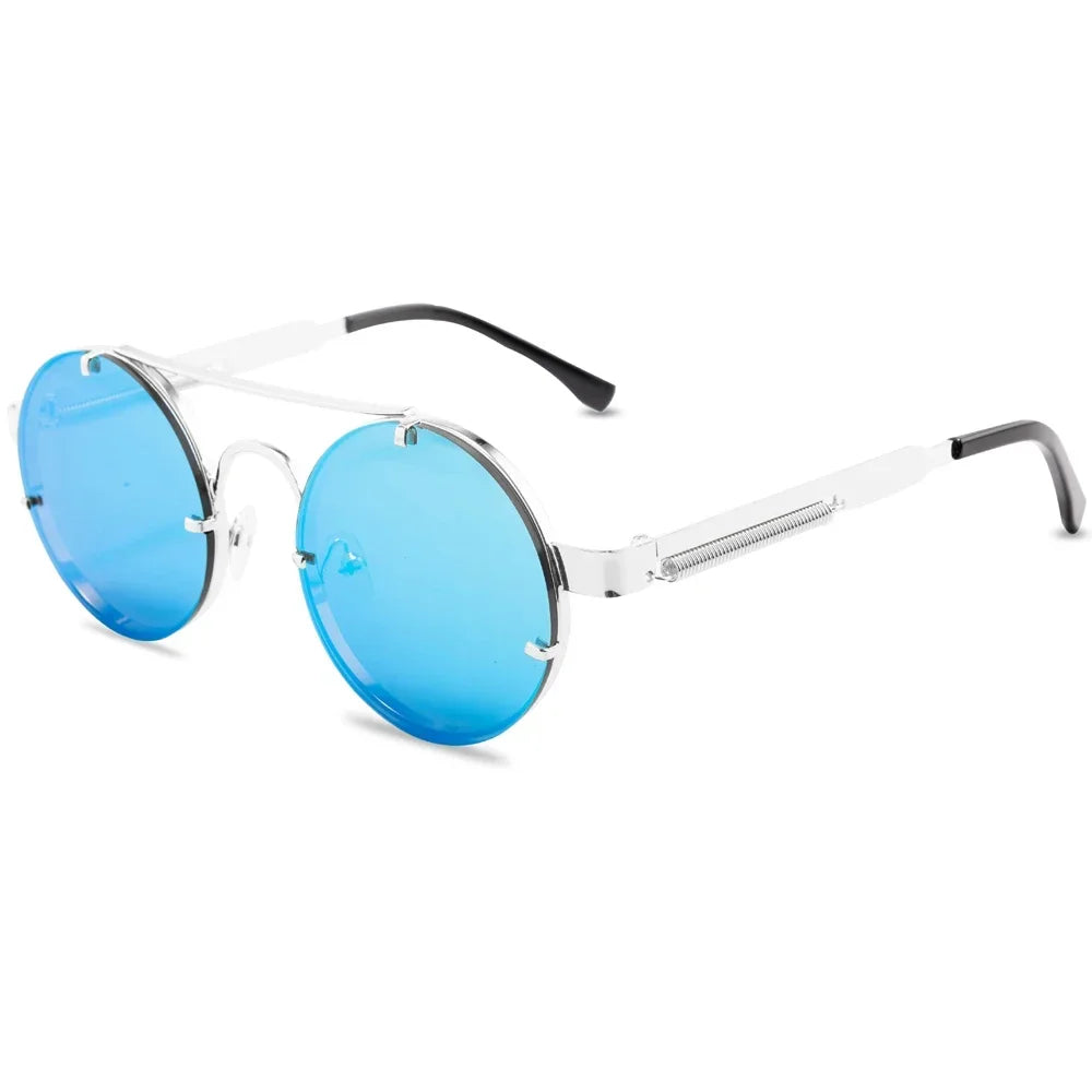 Round blue-tinted sunglasses with silver metal frame and spring hinges