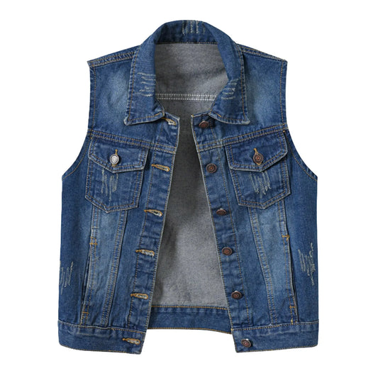Womens Buttoned Washed Denim Jacket Sleeveless Crop Vest Soild Color Lapel Button Pocket Ladies Vest Coats Casual Style Vest Top