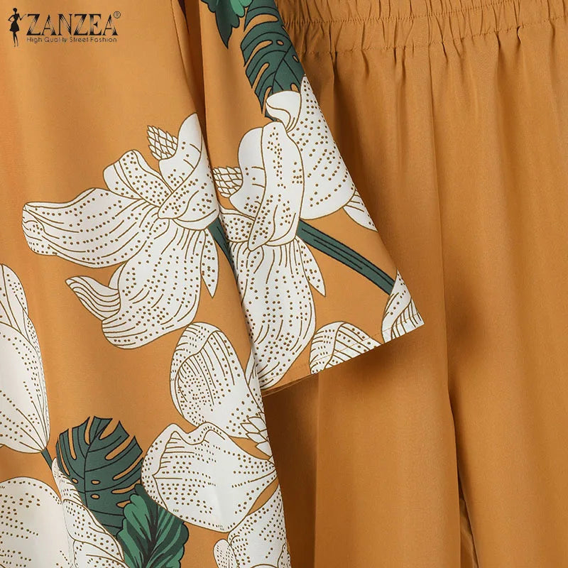 ZANZEA 2PCS Fashion Short Sleeve Floral Blouse Pant Sets Women Office Work Suit Summer Tracksuits Elegant Matching Sets Oversize