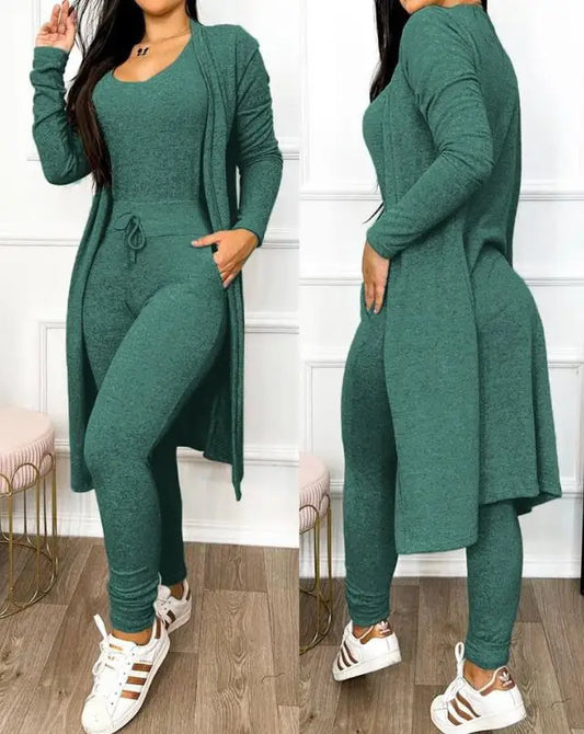Two Piece Set Women Outfit Spring Fashion Drawstring Pocket Design U-Neck Sleeveless Skinny Jumpsuit & Long Sleeve Coat Set