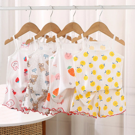 Children's Clothing Cotton Sleeveless Tank Tops Shorts Pajamas Set Kids Cute Breathable Print Vest for Baby Girl Boy Sleepwear