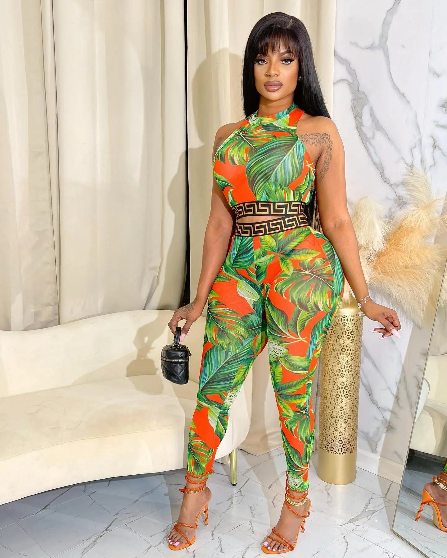 Echoine Women Print Patchwork Sleeveless Tank Crop Tops And Leggings 2 Two Piece Set 2023 Summer Sexy Fashion Tracksuit Outfits