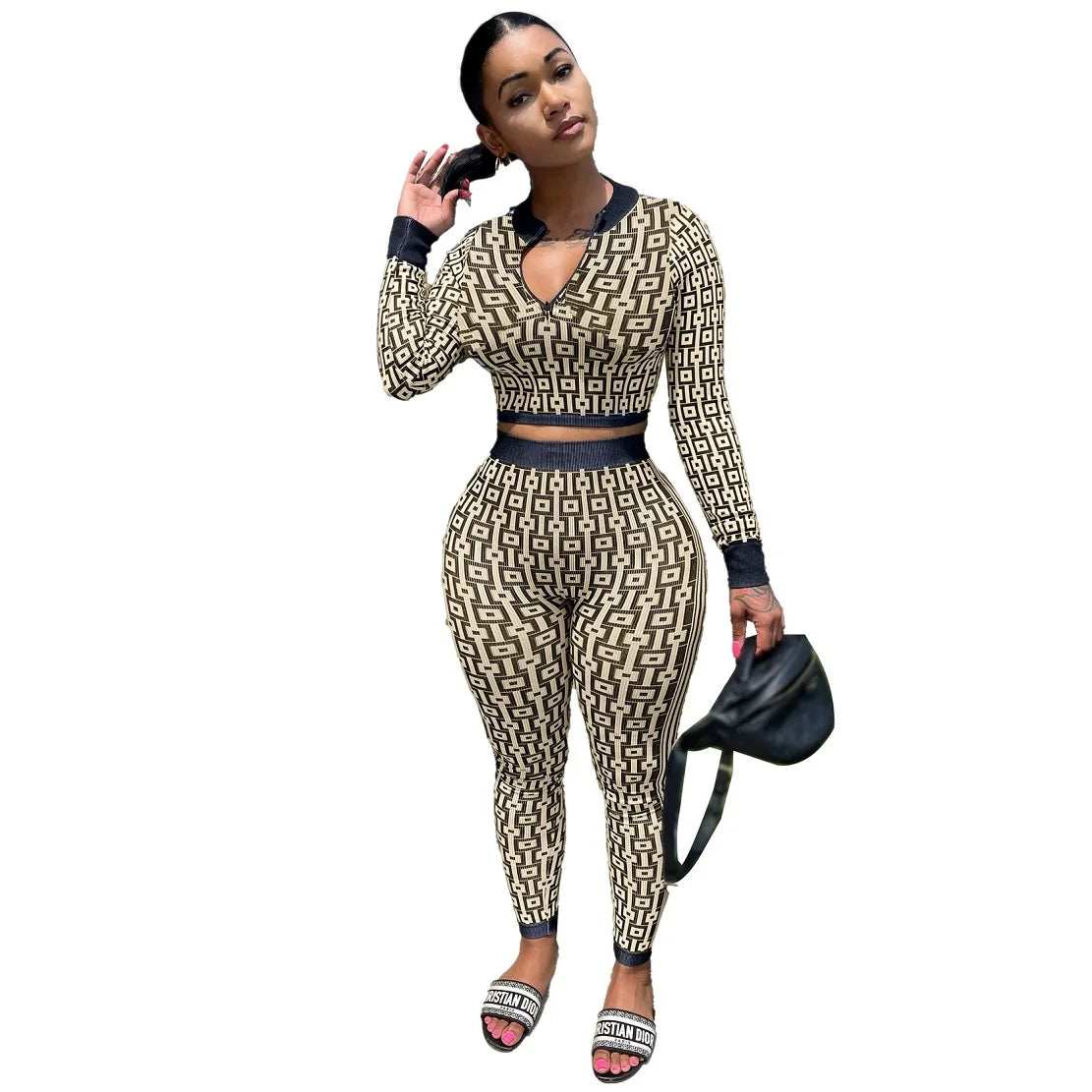 2 Pieces Women Two Piece Outfits 2024 Geometric Printed Crop Top Long Pants Sets Womans Tracksuits Suits Set