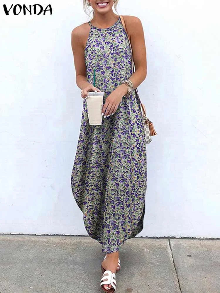 VONDA 2024 Summer Women Bohemian Dress Sexy Halter Asymmetrical Beach Dresses Sexy Sleeveless Robe Printed Long Maxi Sundress