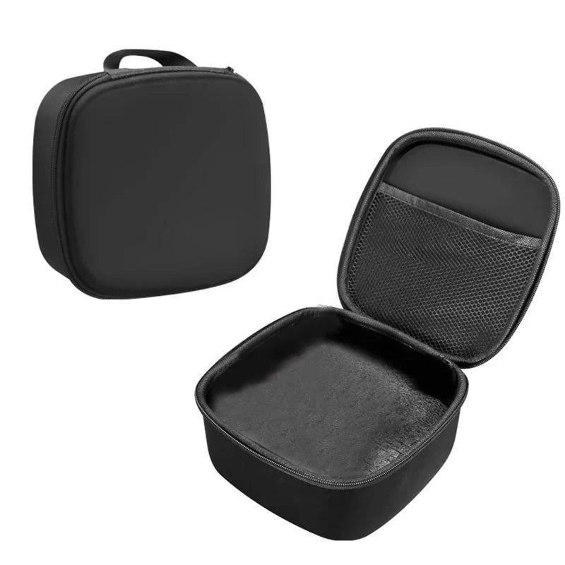 Black travel storage case with handle, open to show mesh pocket interior, zip closure