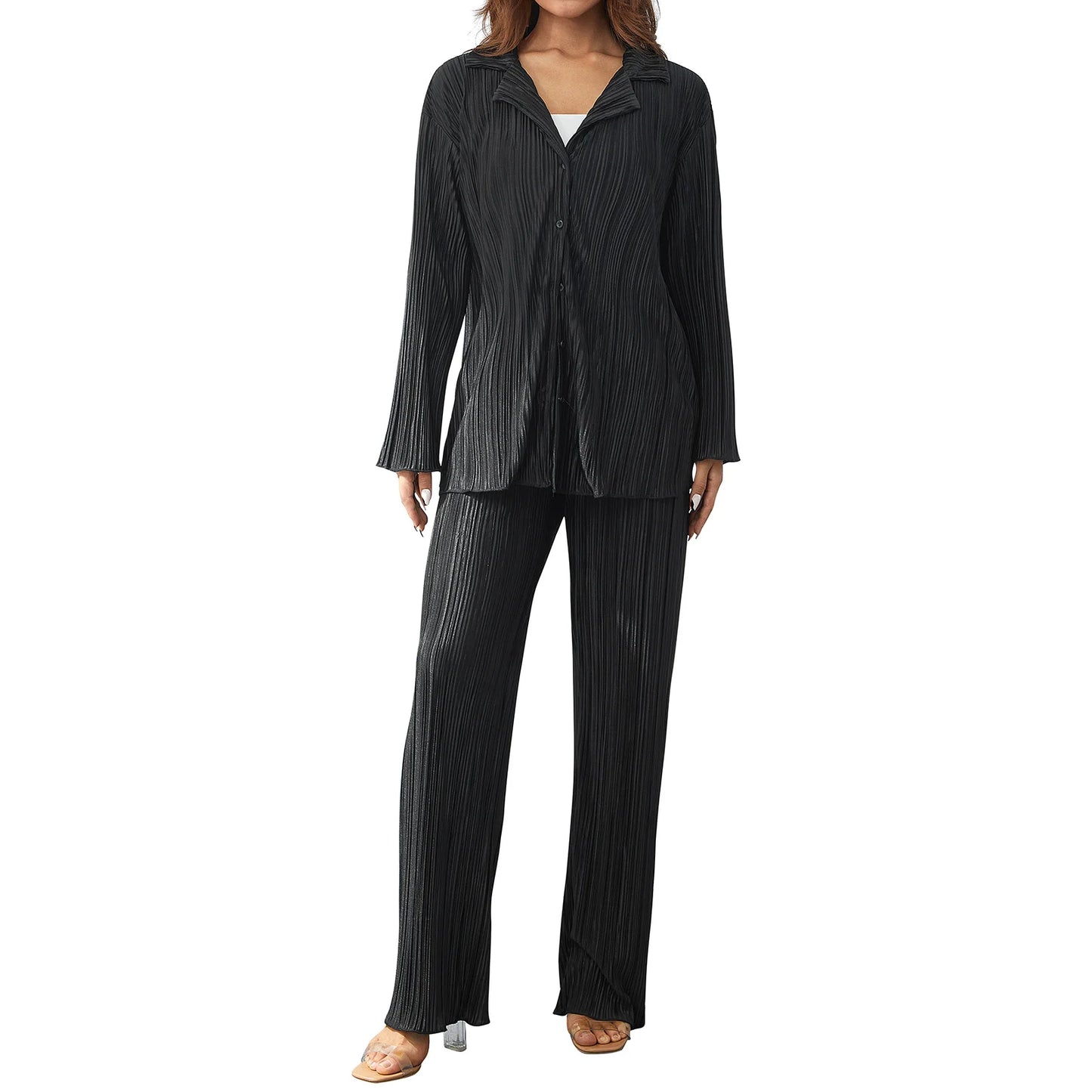 Women Pleated 2 Piece Pants Sets Spring Summer Streetwear Long Sleeve Button Down Shirt+Straight-Leg Pants Loose Outfits