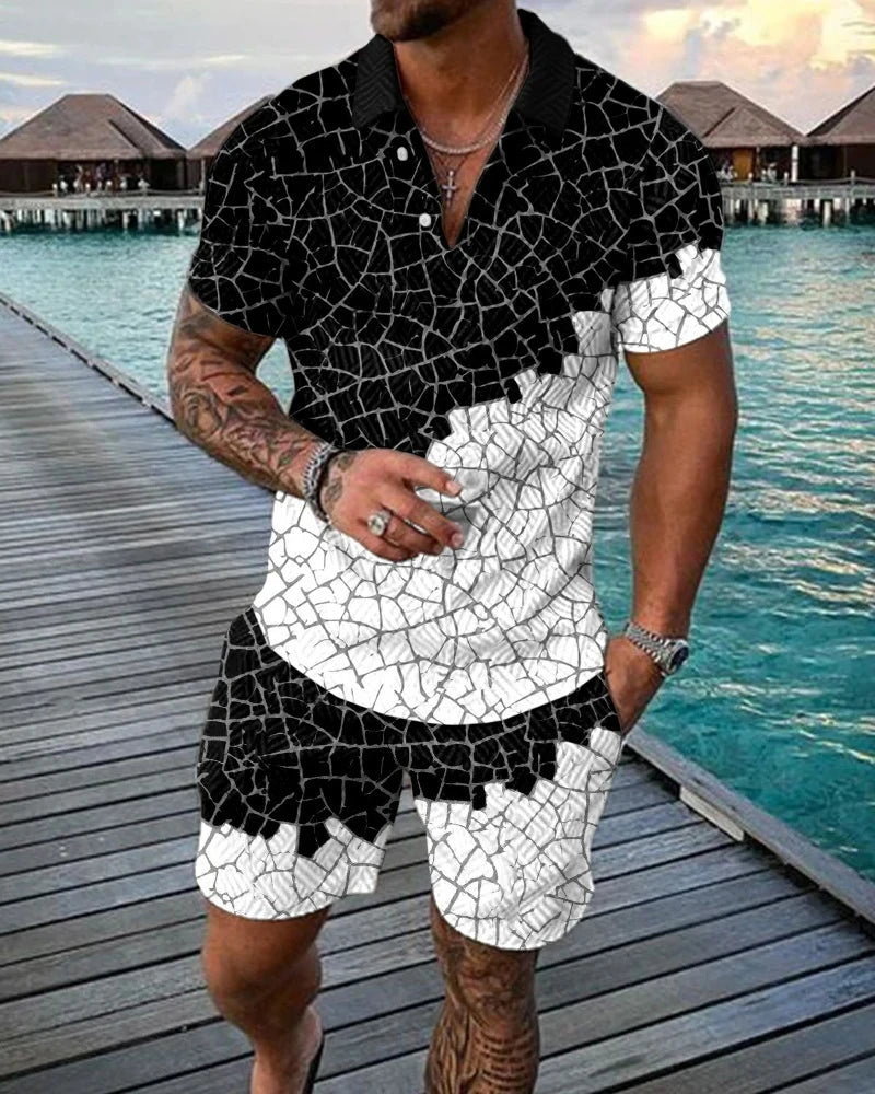 Boho Geometric Style 3D Print Men shirts Set Zipper Lapel Sets Zipper Collar+Shorts 2pcs Man Clothes