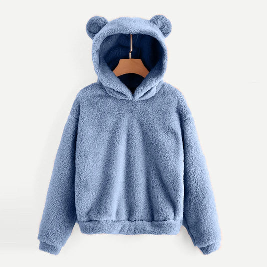 Fleece Warm Sweatshirts For Women Solid Cute Bear Ear Hoodies Long Sleeve Fleece Warm Sweatshirt Streetwear Fuzzy Hoodie