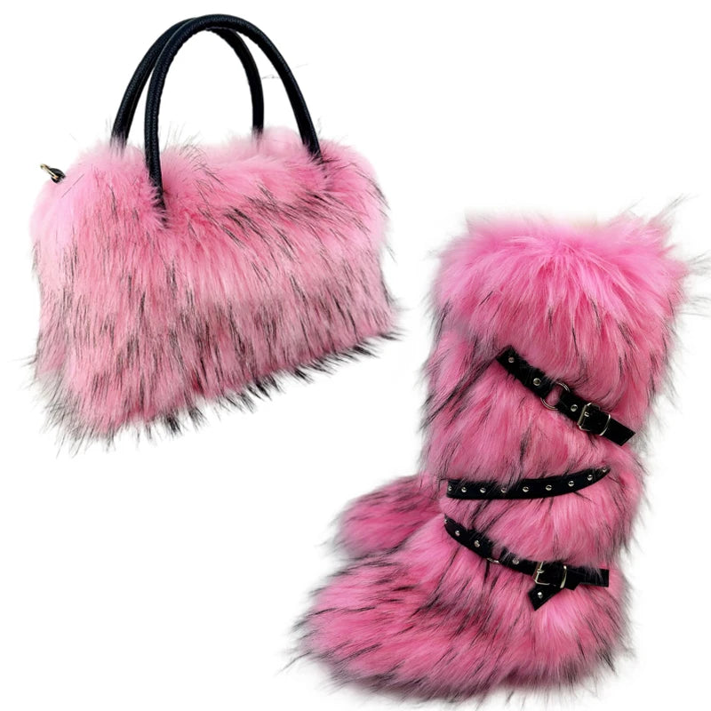 Women's Luxury Velvet Warm Fur Snow Boots Mid-Calf Imitation Raccoon Hair Handbag Two-Piece Set Fashionable Faux Fur Booties