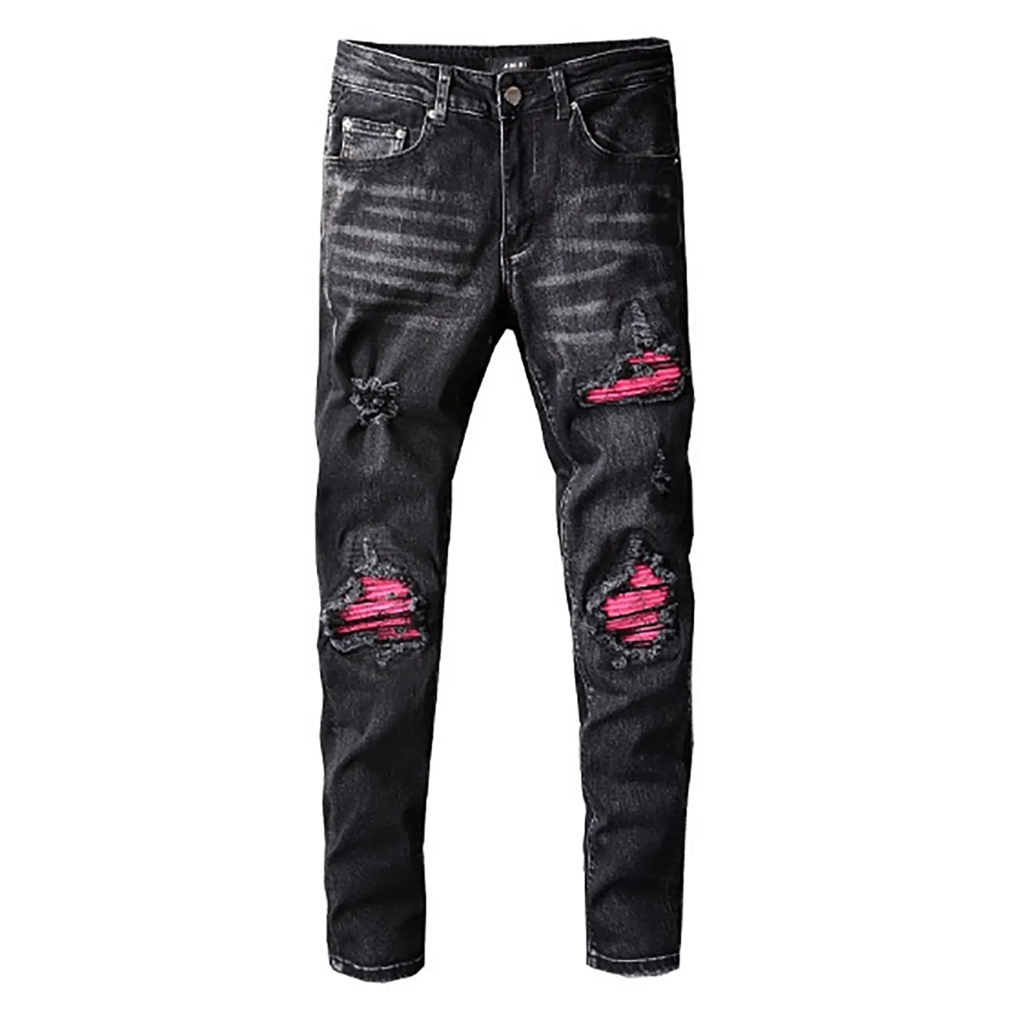 Men Biker Jeans Streetwear Paisley Bandana Print Patch Stretch Denim Pants Patchwork Holes Ripped Slim Straight Black Trousers
