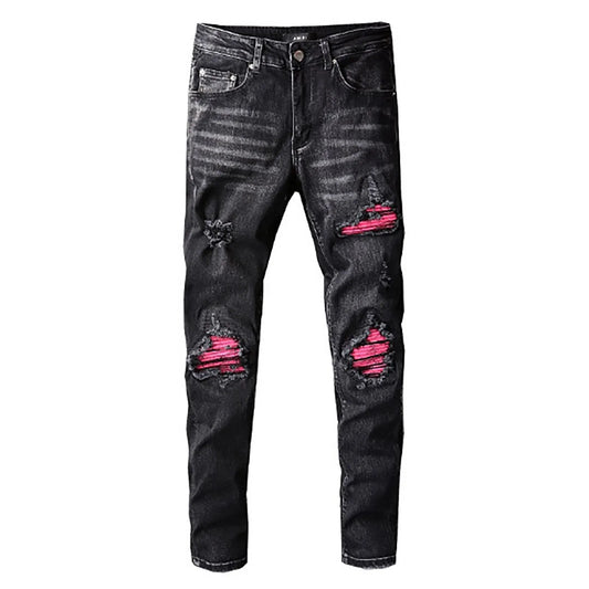 Men Biker Jeans Streetwear Paisley Bandana Print Patch Stretch Denim Pants Patchwork Holes Ripped Slim Straight Black Trousers