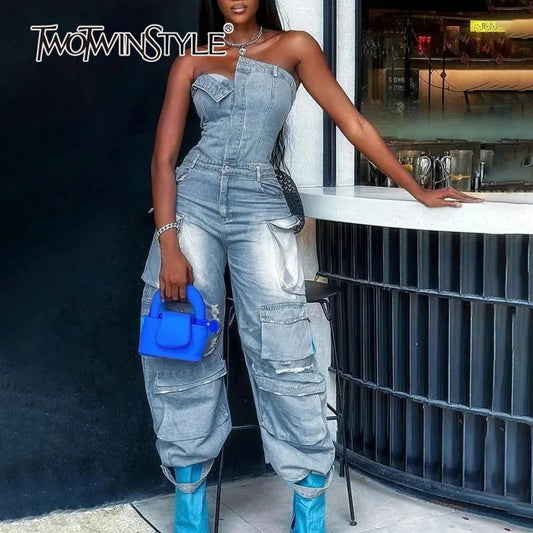 TWOTWINSTYLE Solid Patchwork Pocket Casual Denim Jumpsuits For Women Strapless Sleeveless High Waist Temperament Jumpsuit Female