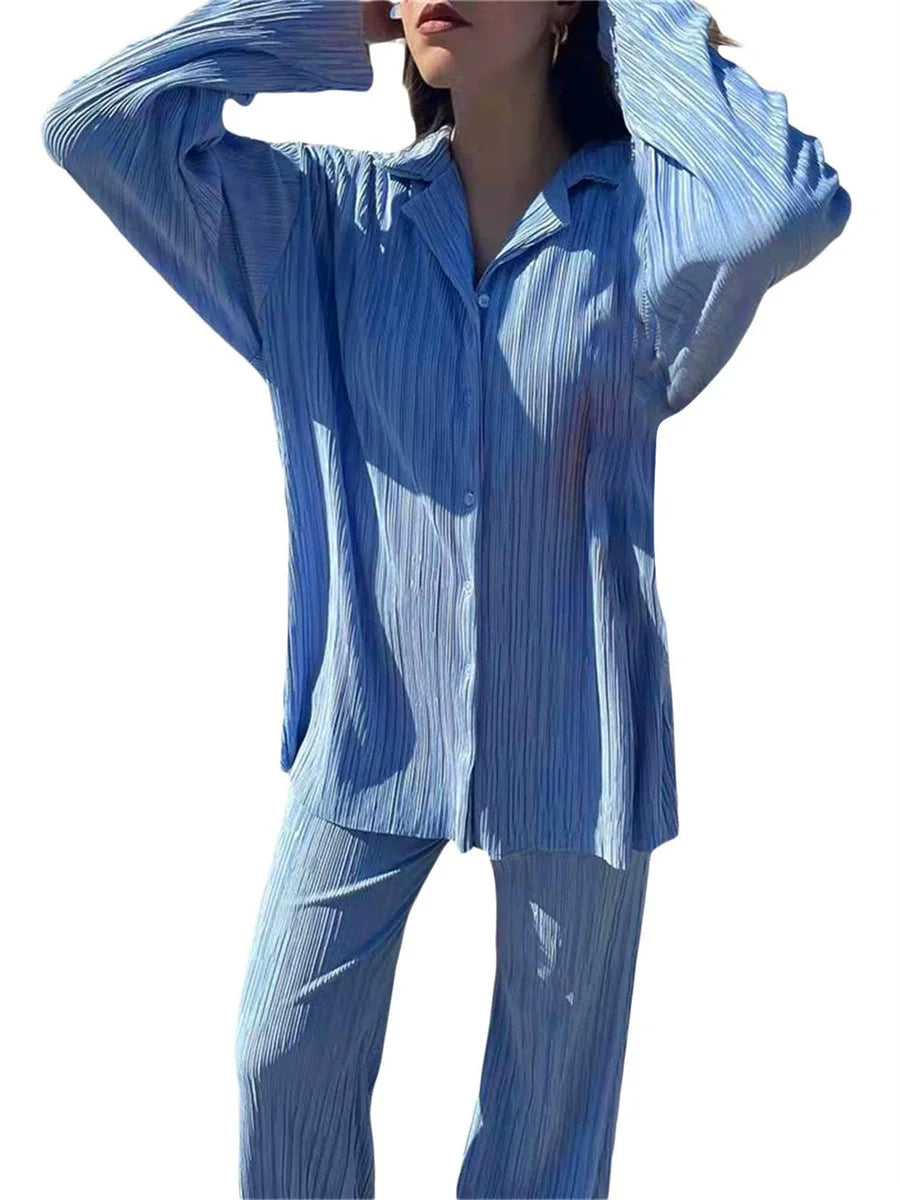 Women Pleated 2 Piece Pants Sets Spring Summer Streetwear Long Sleeve Button Down Shirt+Straight-Leg Pants Loose Outfits
