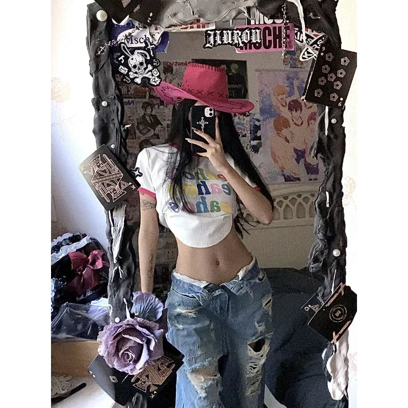 Baggy Ripped Jeans Women Low Rise Gyaru Wide Denim Pants Streetwear Fashion Jeans