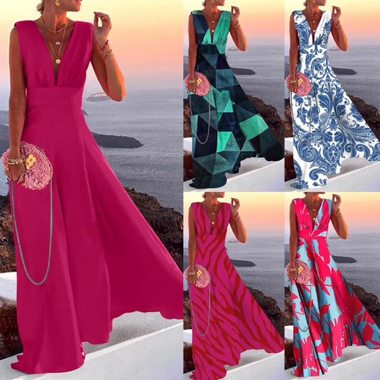 Elegant Bohemian Boho Printed Dress for Women Long Sleeveless High Waist Beach Sundress V-Neck Large Swing Maxi Party Dress