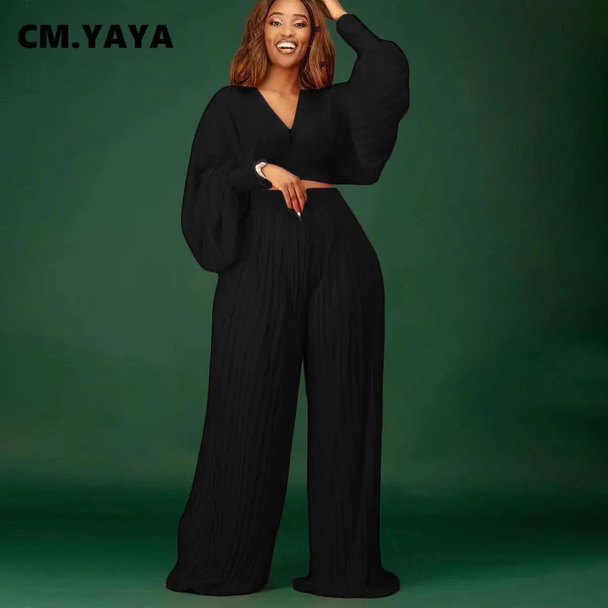 CM.YAYA Pleated Women Tracksuit Solid See-through Pleated Batwing Crop Tops and Wide Leg Pants Two 2 Piece Set Fashion Outfit