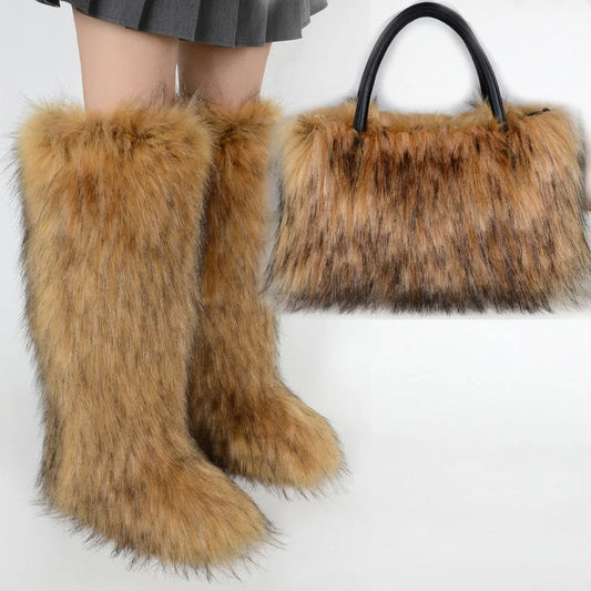 Women's Winter Knee High Faux Fur Raccoon Fur Snow Boots plus Size Plush Handbag Set Fashionable Over-the-Knee Slip-On Boots