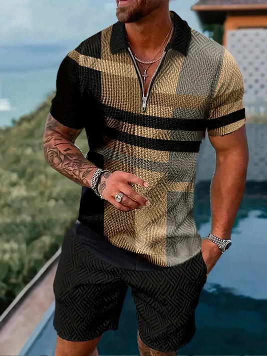 Zipper Shirt Shorts Set Summer Fashion Casual Men's Sports Set 3D Printed Simple Style Lapel Zipper  Shirt 2 Sets