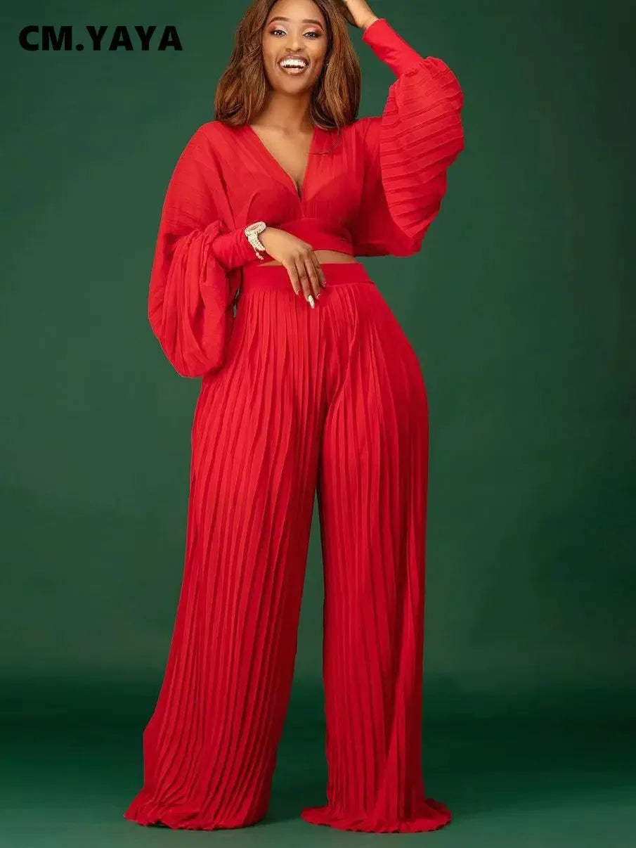 CM.YAYA Pleated Women Tracksuit Solid See-through Pleated Batwing Crop Tops and Wide Leg Pants Two 2 Piece Set Fashion Outfit