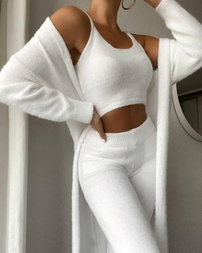 Women Knitted Plush Comfy Outfit Set Lounge Wear Plush Crop Top And Cardigan And Long Trousers Pants Pajamas 3 Piece Set
