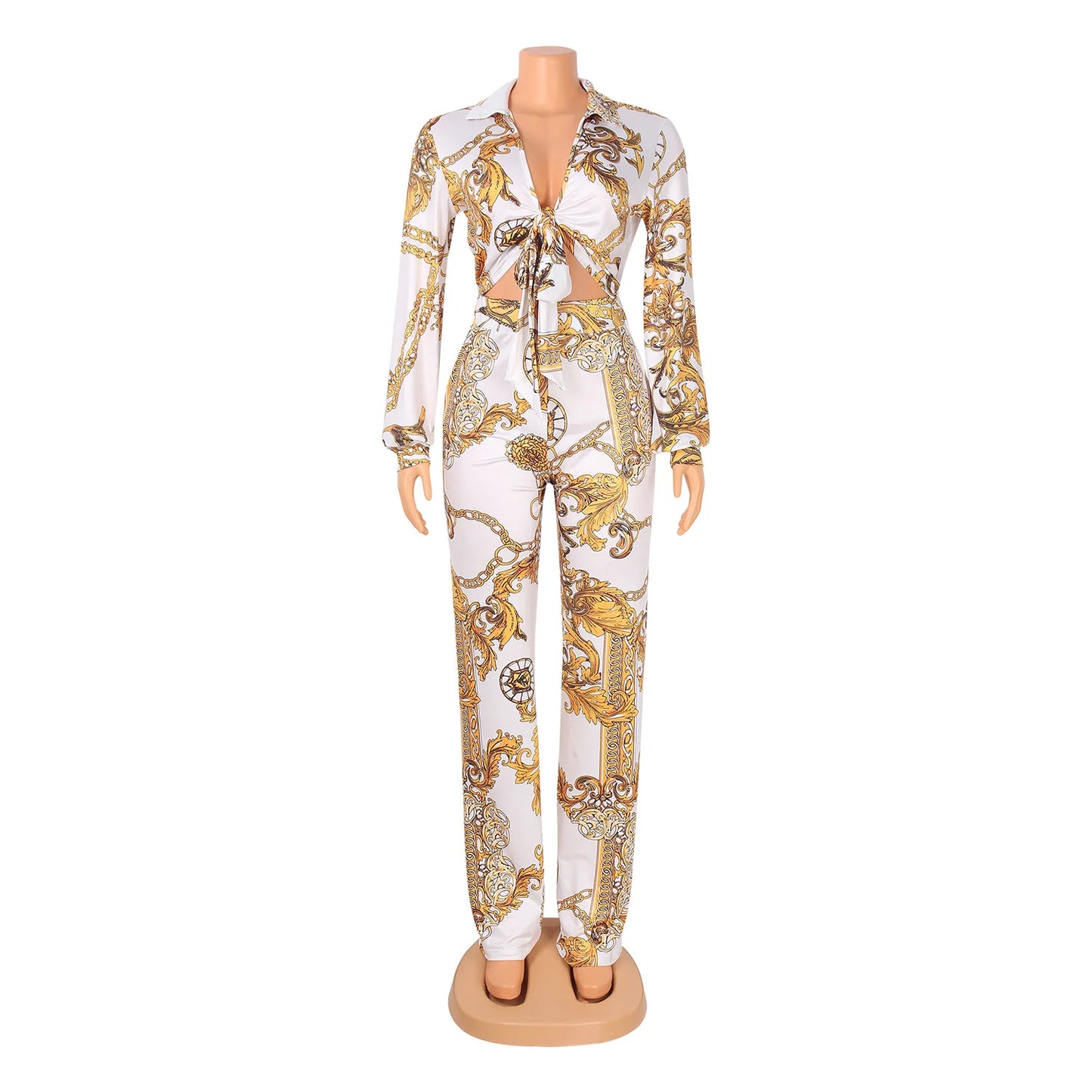 CM.YAYA Women's Paisley Chain 2 Piece Set Streetwear Outfits Tie up Shirt & Wide Leg Pants Luxury Junior Fit Autumn/Winter