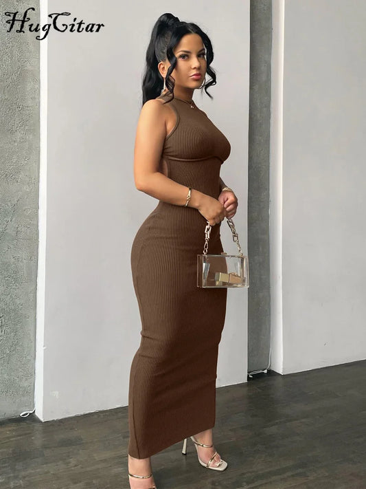 Ribbed Solid Hollow Out Backless Sleeveless Sexy Slit Dress Bodycon 2025 Summer Women Outfits Elegant Party Y2K