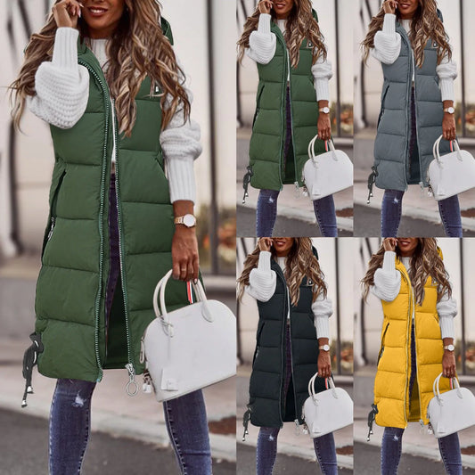 Women's Sleeveless Vest Long Down Cotton Jacket Solid Padded Vests Loose Females Fashion Casual Winter Coat L5
