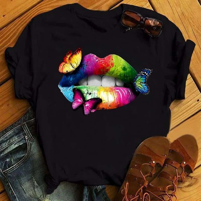 Sexy And Hot Red Lips Graphic T-shirt Women Clothing 3D Print Fashion Leopard Lover Gesture Tee Shirts Summer Harajuku Leisure