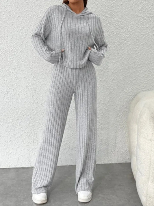 Spring and Autumn Women's New Solid Color Casual Knitted Striped Hooded Sweatshirt Loose Long Sleeved Long Pants Two-piece Set