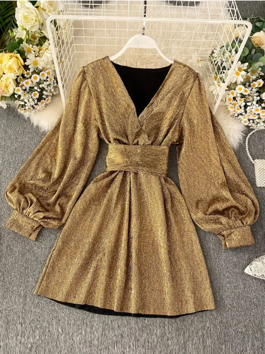 Spring Autumn Women's Bright Color Dress  V-neck Lantern Sleeve Gold Bright Silk Lace Retro Dress Female Sexy Party Dress GD205