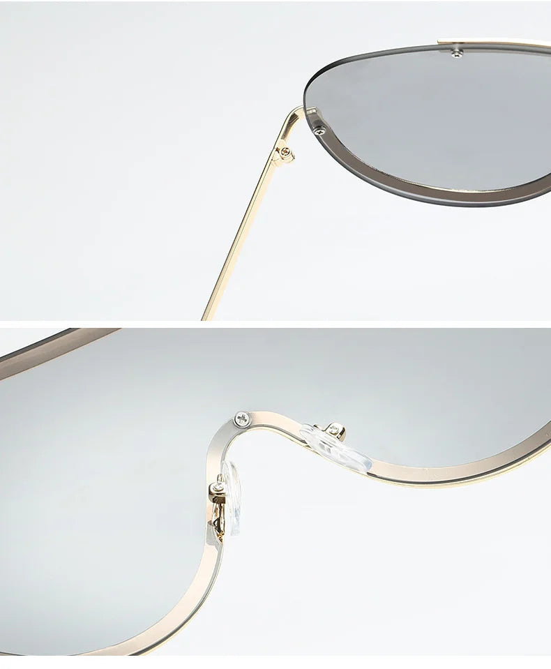 Oversized Punk Sunglasses for Women Metal Semi-Rimless Big Shades with Shield Lens Gradient Photochromic UV400 Fashion Eyewear