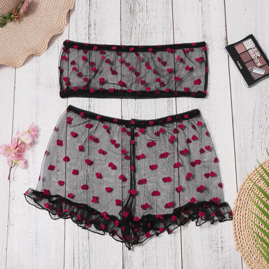 Ultra Thin Love Sheer Mesh Three Point Set: Women's Sexy Crop Tops Thong Pajama Set for Adults- Eye Catching Boudoir Outfits