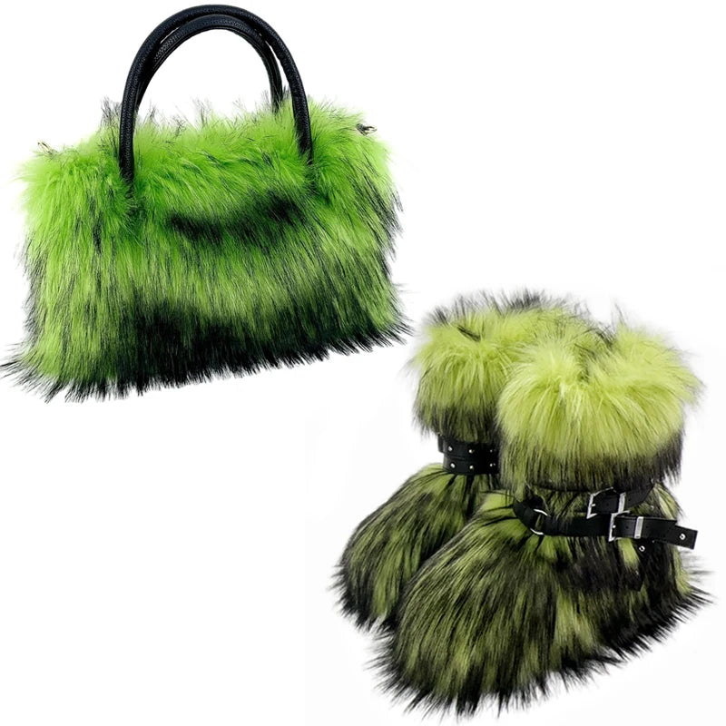 Women's Luxury Velvet Warm Fur Snow Boots Mid-Calf Imitation Raccoon Hair Handbag Two-Piece Set Fashionable Faux Fur Booties