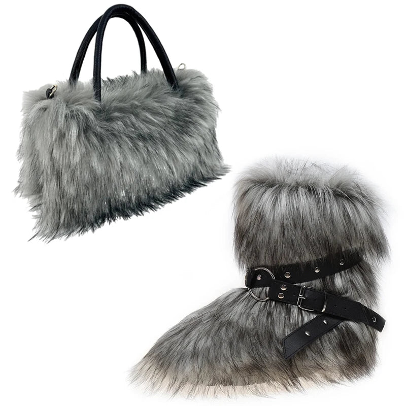 Women's Luxury Velvet Warm Fur Snow Boots Mid-Calf Imitation Raccoon Hair Handbag Two-Piece Set Fashionable Faux Fur Booties
