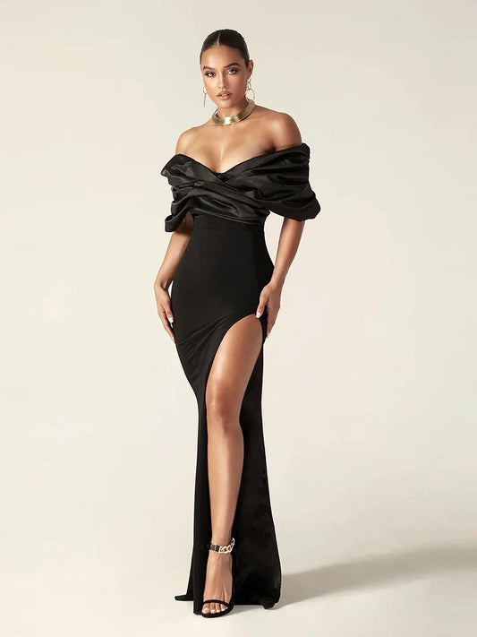Satin Ruffle Shoulder High Slit Long Dress, Off the Shoulder, Maxi Dress Elegant Evening Gown