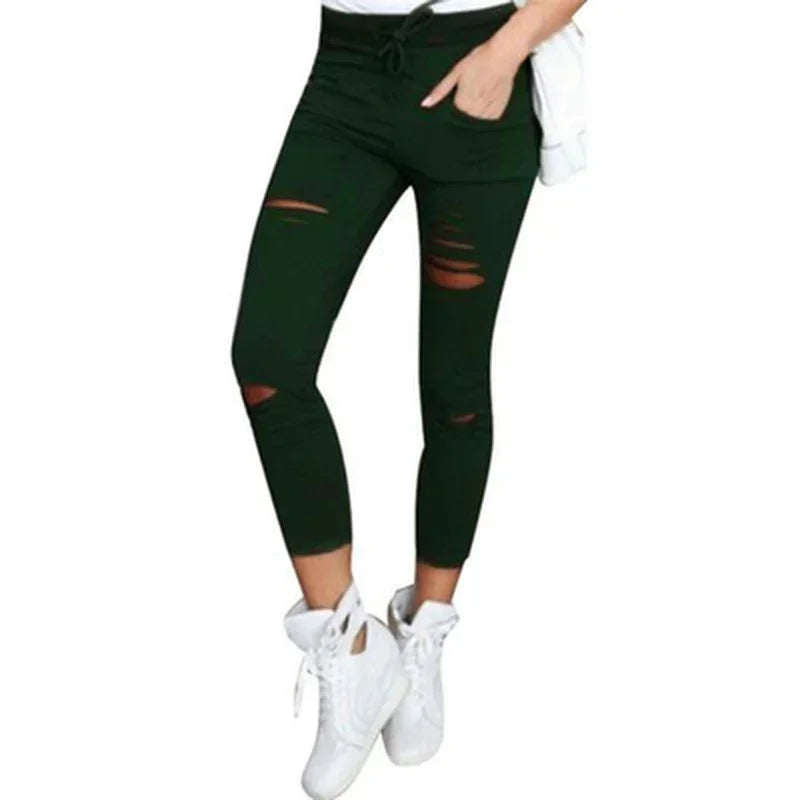 Women's plus Size Ripped Stretch Jeans Pencil Pants Casual Mid-Waist Ankle-Length Trousers