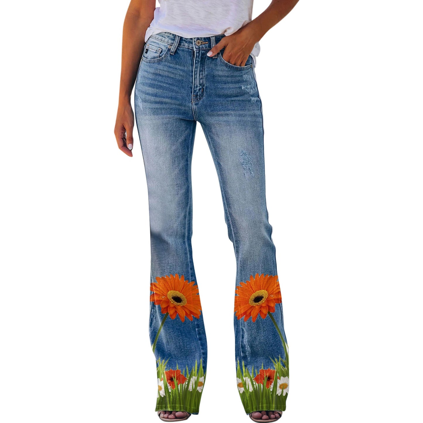 Womens Pants  Streetwear Retro Trousers Printed Pattern Loose Flared Hem Jeans Stretch Flared Bottoms