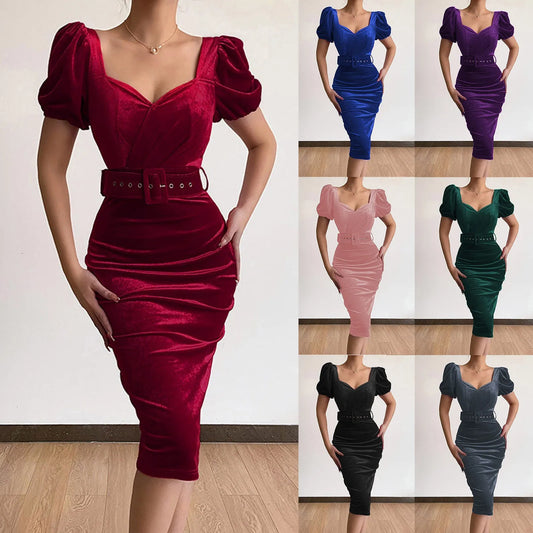 Dress Elegant Solid Color Waistband Sexy Low Neck Bubble Sleeve Velvet Hip Wrap Dress Formal Dresses For Wedding Guest
