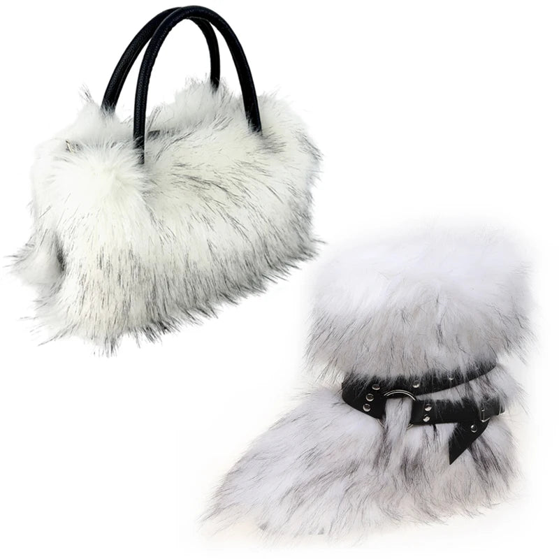 Women's Luxury Velvet Warm Fur Snow Boots Mid-Calf Imitation Raccoon Hair Handbag Two-Piece Set Fashionable Faux Fur Booties
