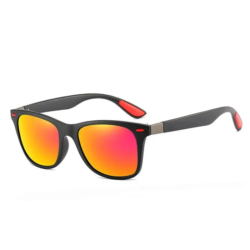 Stylish black sunglasses with vibrant red-orange mirrored lenses, perfect for sunny days.