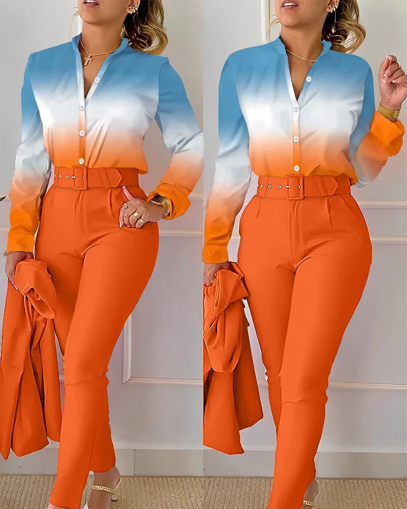 Elegant shirt and pants two piece sets women spring/ autumn fashion long sleeve shirts high waist pant casual suits