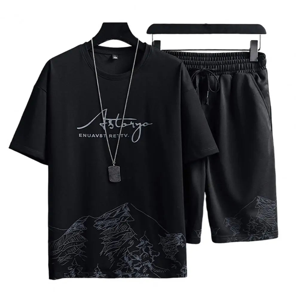 Black loungewear set with mountain print, t-shirt and shorts, necklace included