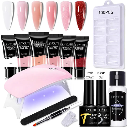 Nail extension kit with gel polishes, UV lamp, nail tips, top and base coat, and manicure tools displayed.